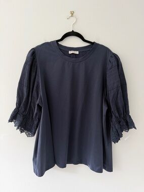 Laura Ashley Navy Boho Tee Top Puffed Sleeve Lace Flowy Knit Cottage Core Cute